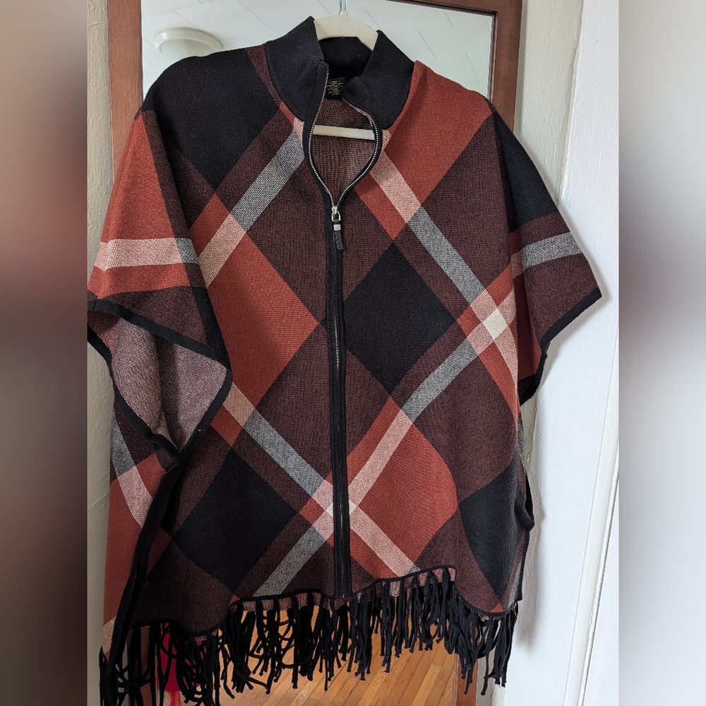 Rachel Zoe Plaid Fringe Women's Poncho Jacket S/M - Picture 5 of 7